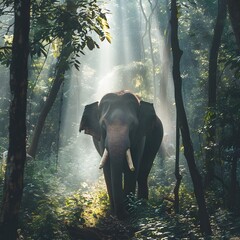 Fototapeta premium Majestic Elephant Trekking Through Sunlit Jungle Landscape