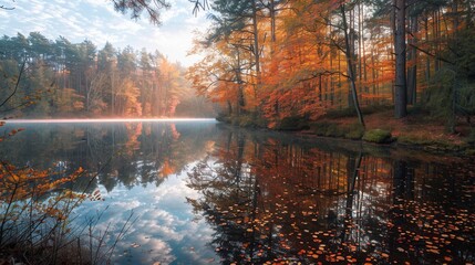 Fototapeta premium Autumn forest with colorful foliage and a serene lake