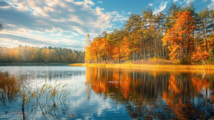 Obraz premium Autumn forest with colorful foliage and a serene lake