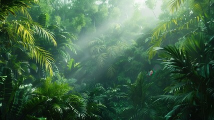 Rainforest scene with dense vegetation and a misty atmosphere