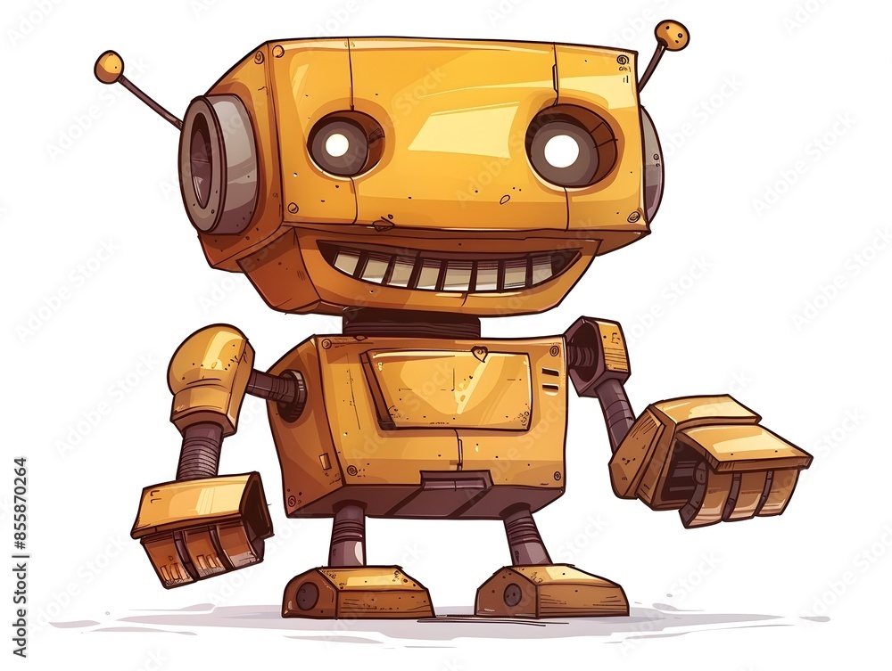 Poster smiling cartoon robot character on white background friendly mechanical mascot with fun design