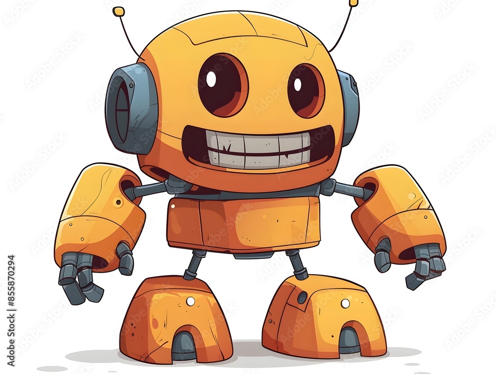 Poster friendly cartoon robot character with big smile in design on white background