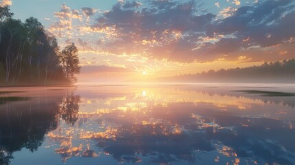 Sunset over a calm lake with reflections of the sky