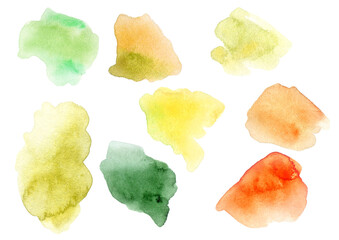 Naklejka premium Abstract watercolor spots clipart isolated on white . Hand drawn stain texture for design. brush stroke drawing. design element collection