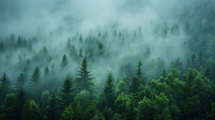 Dense fog in a pine forest creating a mystical atmosphere