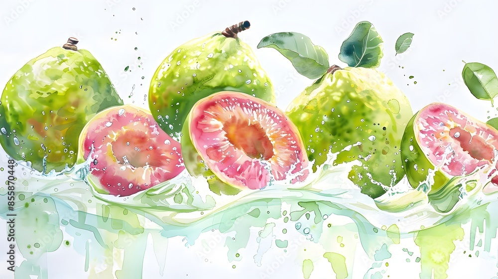 Canvas Prints Fresh guava fruits on a wave of juice, watercolor hand drawn illustration. 