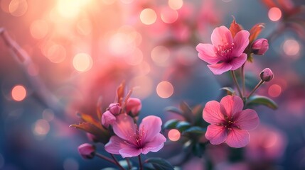 Pink Flowers with Bokeh Background in Sunset Light