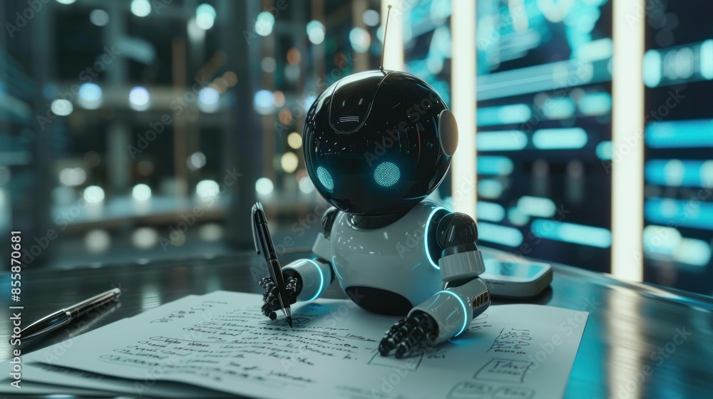 Poster chatgpt bot is writing answers with a pen on paper. wide angle lens