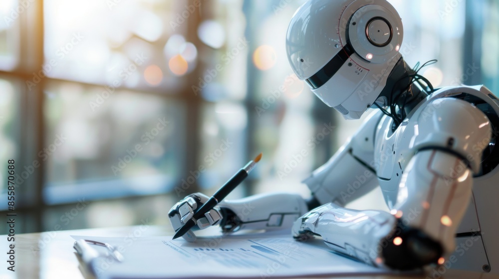Poster chatgpt bot is writing answers with a pen on paper. wide angle lens