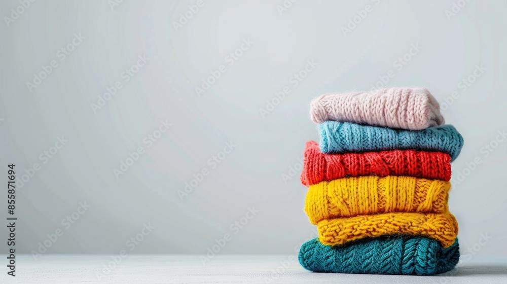 Poster colorful clothes stack on table with light background empty space for text