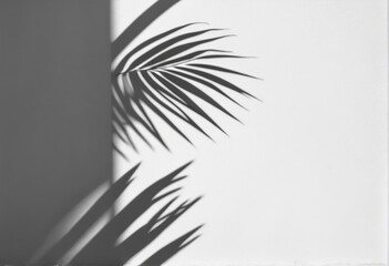 Abstract shadow of a single palm leaf on a white wall background with copy space.