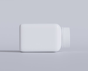 Pill or supplement bottle and square style production on gray background