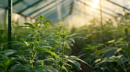 Commercial hemp farming in a greenhouse. wide angle lens