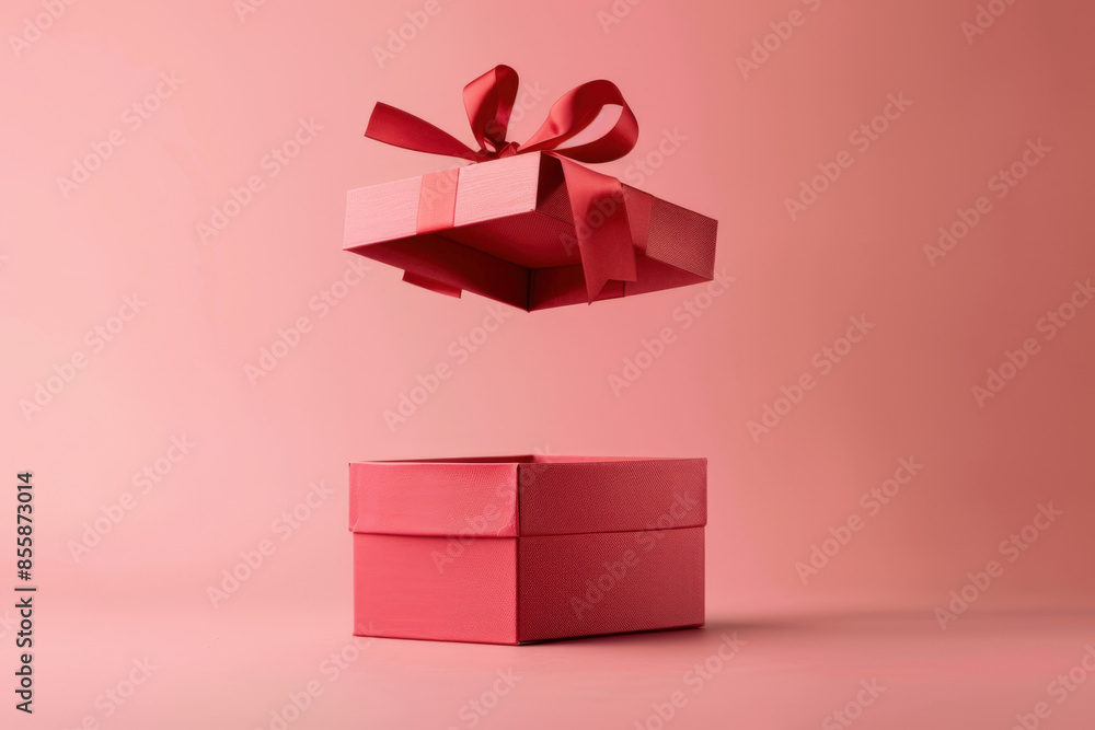 Poster red gift box floating with its lid open on a pink background, creating a sense of surprise and excit
