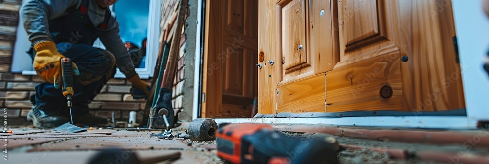 Poster a skilled worker carefully installs a new door, showcasing the professionalism and precision involve