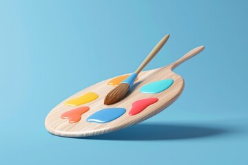 Wooden palette with paint and brush on blue background 3d illustration of artistic tools and supplies for creativity