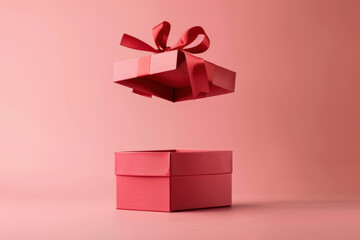 Red gift box floating with its lid open on a pink background, creating a sense of surprise and excitement