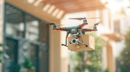 Drone delivery delivering post package, Technological shipment innovation drone fast delivery concept, and safe delivery. Drone flying through the air with a delivery box package wide angle lens