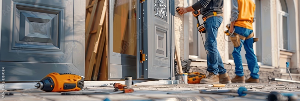 Aufkleber two construction workers install a new door at a residential home. they are carefully using tools an