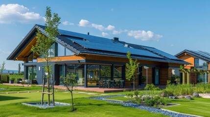 Fototapeta premium Eco-friendly houses prioritize sustainability. Utilize energy-efficient design, renewable energy sources, Green House, Concept the