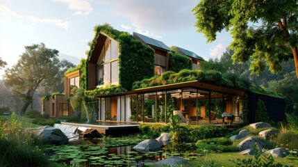 Eco-friendly houses prioritize sustainability. Utilize energy-efficient design, renewable energy sources, Green House, Concept the