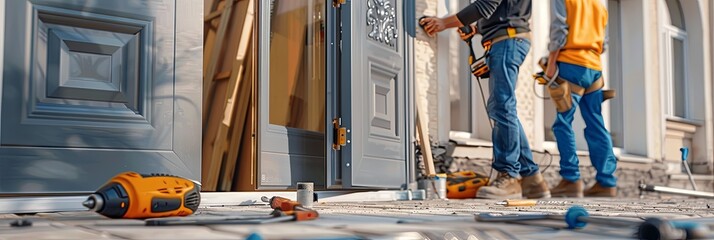 Two construction workers install a new door at a residential home. They are carefully using tools and techniques to ensure a high-quality installation. Generative AI