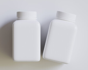 Pill or supplement bottle and square style production on gray background