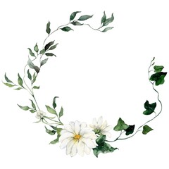 Watercolor floral wreath featuring flowers, herbs and bedstraw. Hand-drawn frame of a plant bouquet on a white background. An outdoor illustration for design, printing or fabric background.