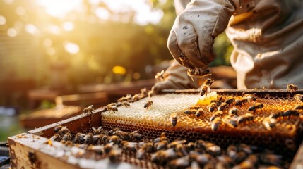 Beekeeper in protective gear harvesting a honeycomb surrounded by bees at sunrise. The golden light enhances the natural setting and hive activity