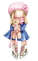 Watercolor hand drawn doll Tilda in dress. Hand drawn watercolor illustration . Design for baby shower party, birthday, cake, holiday celebration design, greetings card, invitation, stickers, posters.