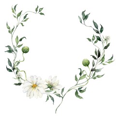 Watercolor floral wreath featuring flowers, herbs, buds and bedstraw. Hand-drawn frame of a plant bouquet on a white background. An outdoor illustration for design, printing or fabric background.