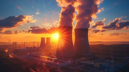 Nuclear power plant with large emission towers releasing steam against a dramatic sunset backdrop, highlighting industrial structures and a vibrant sky - Powered by Adobe