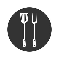 Grill tools icon. Barbecue fork with spatula. Isolated flat sign