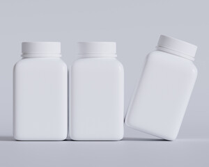 Pill or supplement bottle and square style production on gray background