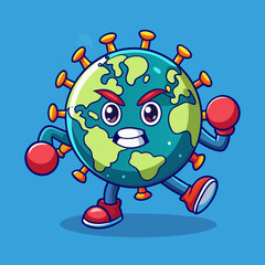 A cartoon virus wearing boxing gloves is engaging in a fight with the Earth