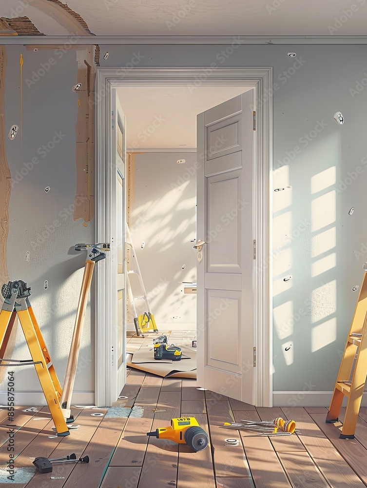 Poster new door being installed in room, with old door in background. tools and ladders emphasize meticulou