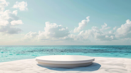 Obraz premium 3D summer beach podium with sand, serving as a display platform against a sea background