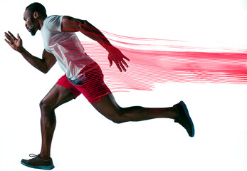 Determined athlete, muscular African American man in sportswear in motion, running fast isolated on...
