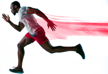 Determined athlete, muscular African American man in sportswear in motion, running fast isolated on transparent background. Concept of sport, action and motion, marathon, competition