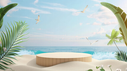 Obraz premium 3D summer beach podium with sand, serving as a display platform against a sea background