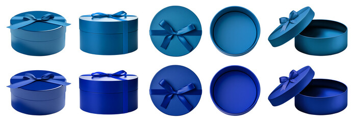 2 Set of dark light blue turquoise gift present round circle box with bow ribbon on transparent cutout PNG. Mockup template for artwork design. open close top side flat lay view many different angle
