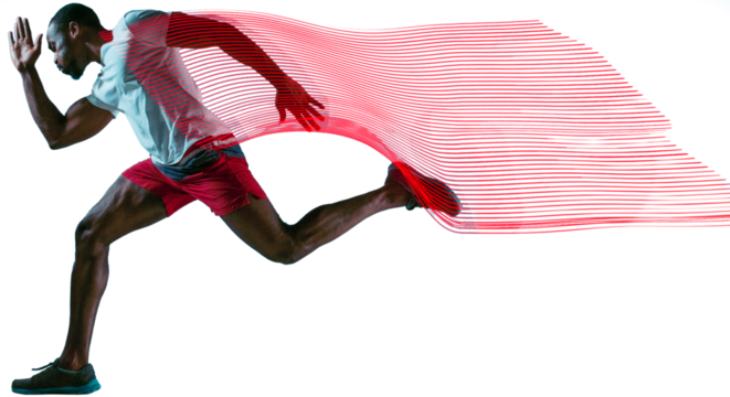Strength, speed and endurance. Athletic young man with muscular relief body in action, training, running isolated on transparent background. Concept of sport, action and motion, marathon, competition
