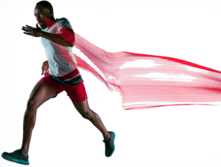 Dynamic image of muscular, athletic African-American man in motion, running, training isolated on transparent background. Concept of sport, action and motion, marathon, competition