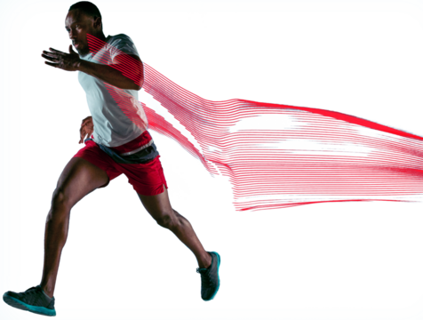 Dynamic image of muscular, athletic African-American man in motion, running, training isolated on transparent background. Concept of sport, action and motion, marathon, competition