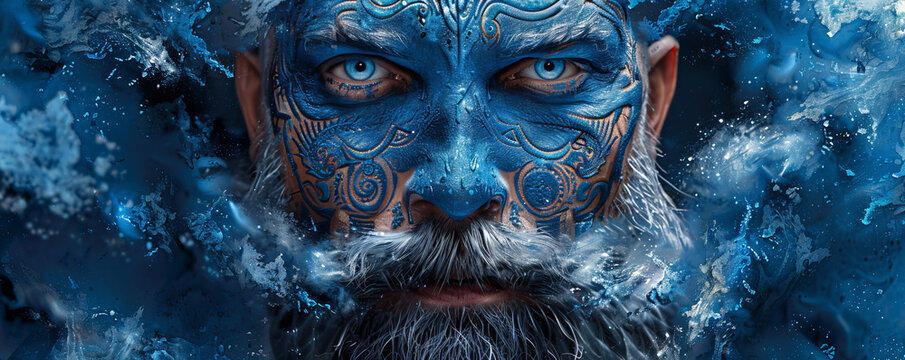 Abstract powerful warrior viking king portrait. Impressive man soldier portrait with blue color and intricate details.