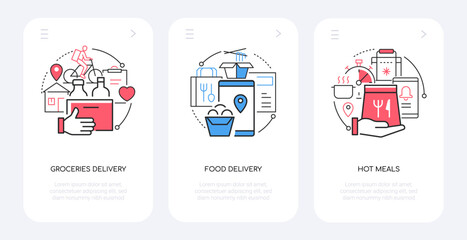 Groceries and food delivery - line design style banners set with place for text. Courier on a bike, an application for ordering, a menu to choose from, takeaways, fast and tasty, ready meals idea