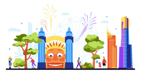Evening at Luna park - modern colored vector illustration with gate and entrance to an amusement spot in Australia. Discover rides, attractions, see the fireworks and ride the Ferris wheel, have fun