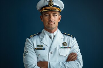 Confident navy officer standing in white dress uniform with crossed arms against a dark background