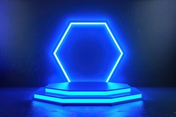 futuristic 3D blue hologram background with hexagon podium, Glow neon light