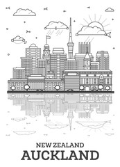 Outline Auckland New Zealand city skyline with modern buildings and reflections isolated on white. Auckland cityscape with landmarks.